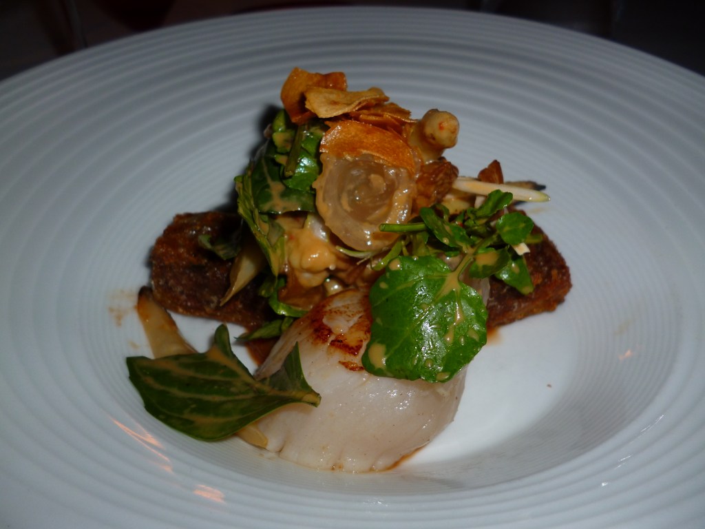 Sichuan spiced duck, seared sea scallops, asparagus, lychee and smoked eggplant sambal